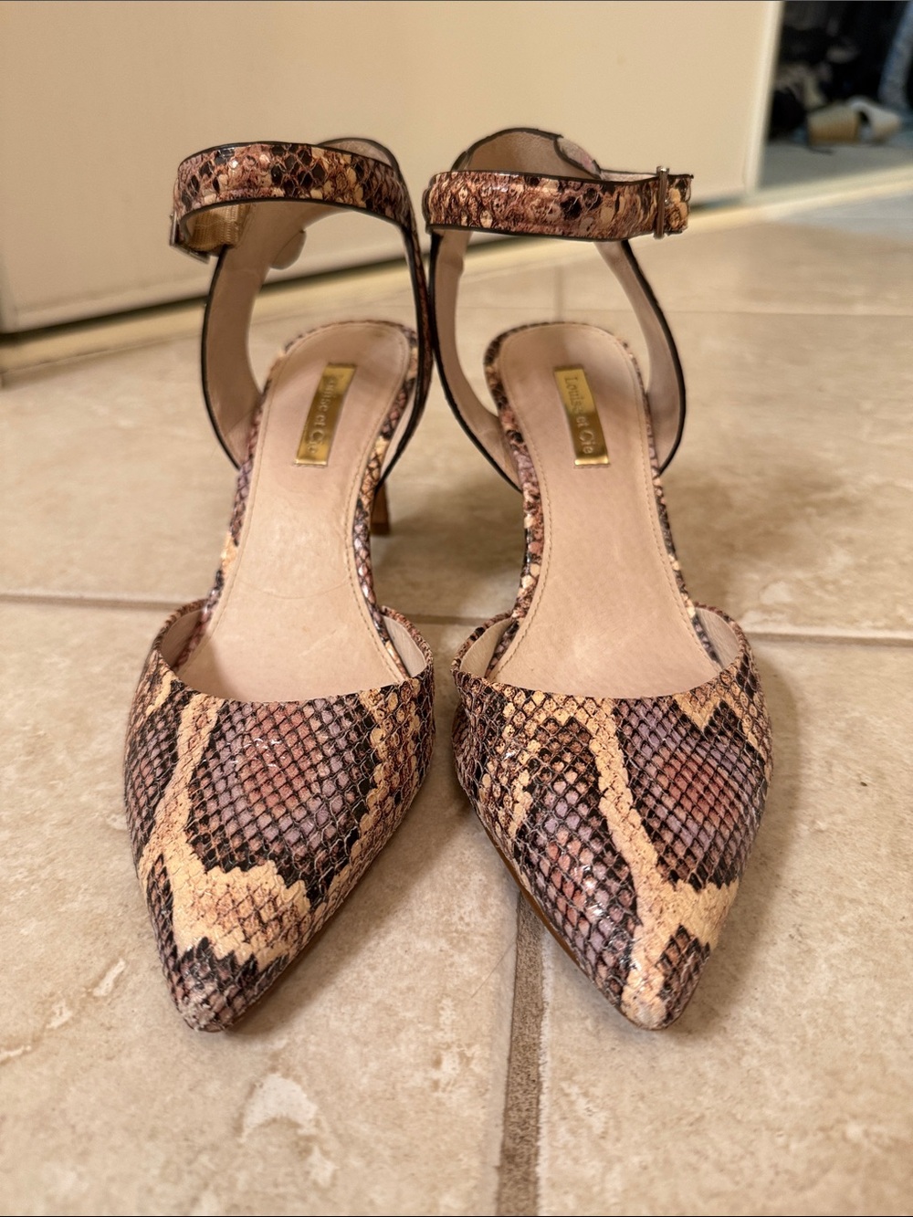 Louise et Cie Snake-Print Pointed Ankle-Strap Heels in Brown and Tan